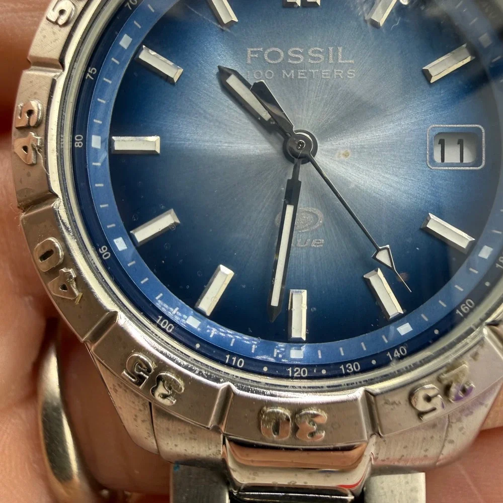 Vintage Fossil Blue Watch Blue Dial Stainless Steel BQ-9034 Mens 40mm UNTESTED